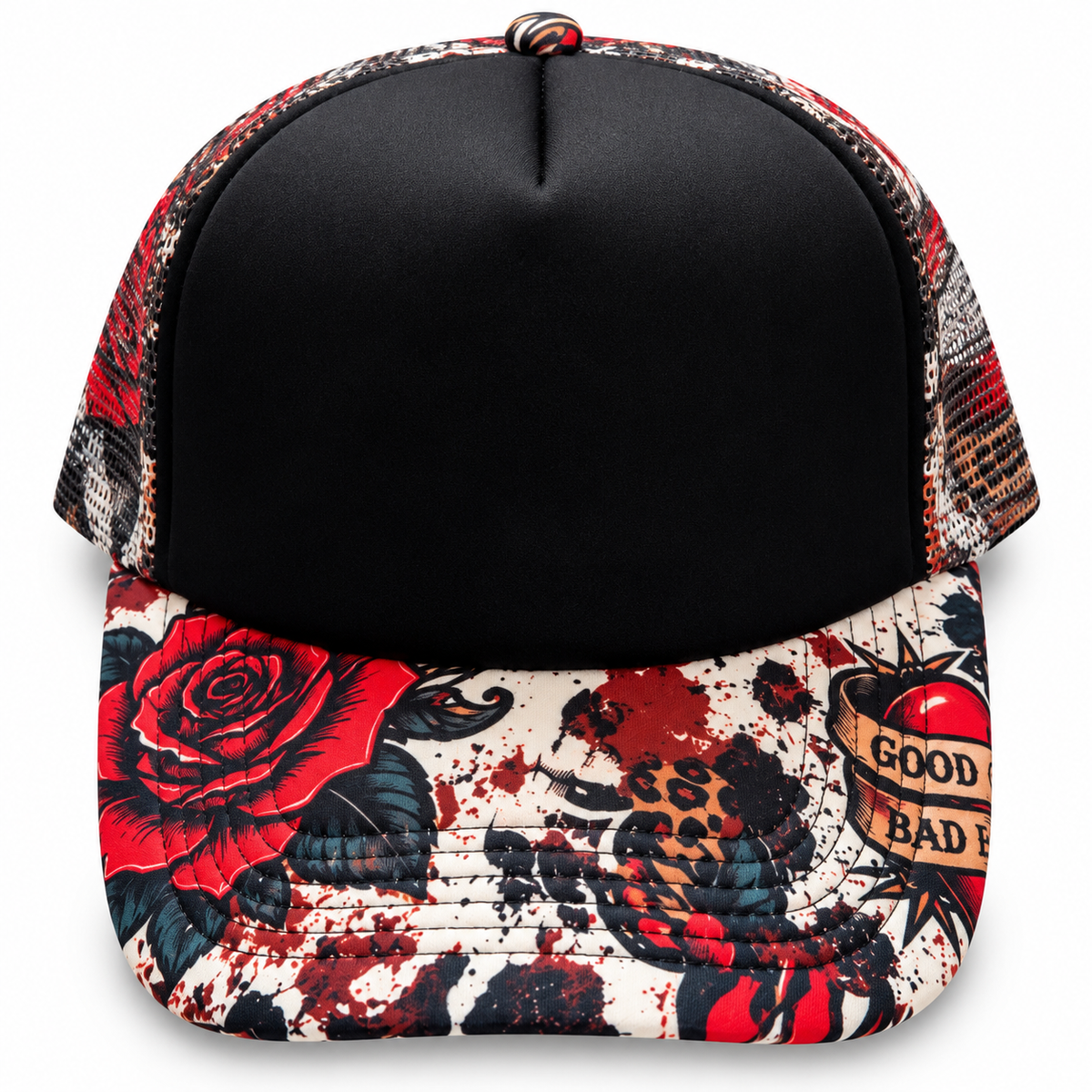 Black Red Graphic Print Trucker Hat