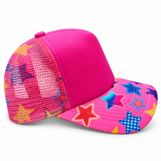 Hot Pink- Multicolor Stars Trucker Hat