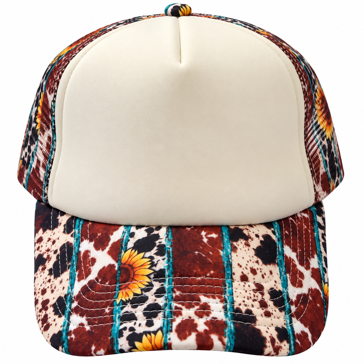 Cream and Brown Cow Print with Sunflowers Trucker Hat