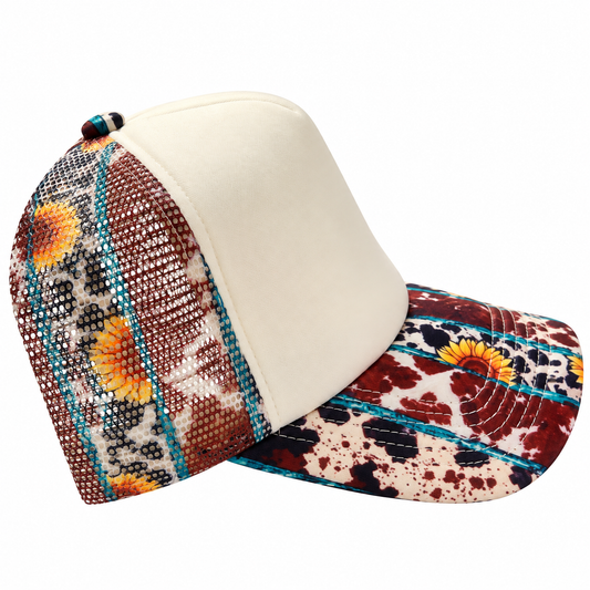 Cream and Brown Cow Print with Sunflowers Trucker Hat