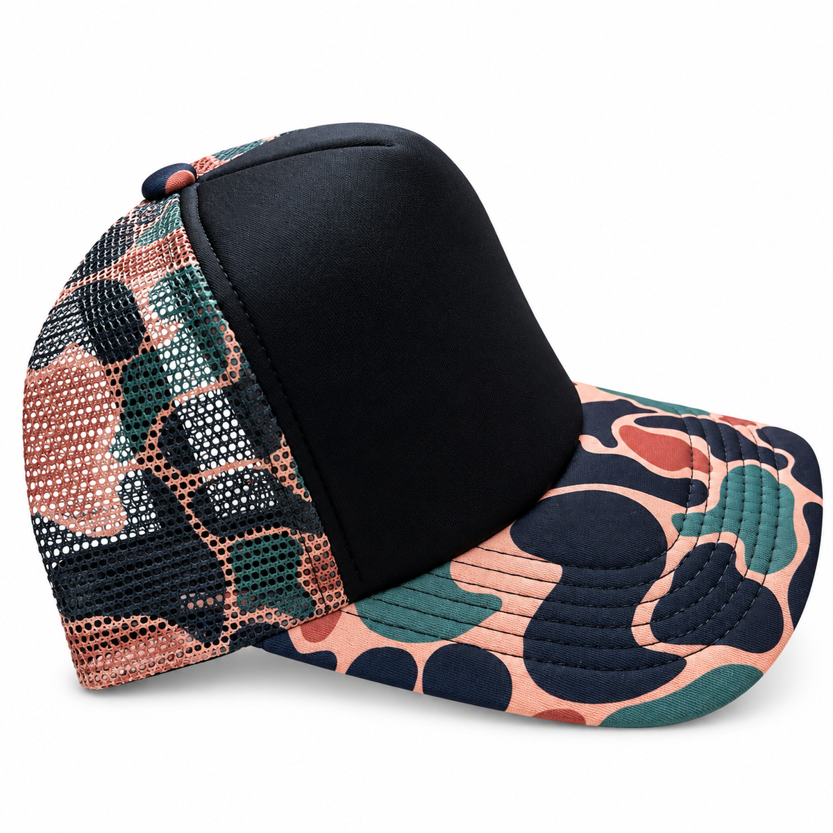 Black / Coral Camo Trucker Hat